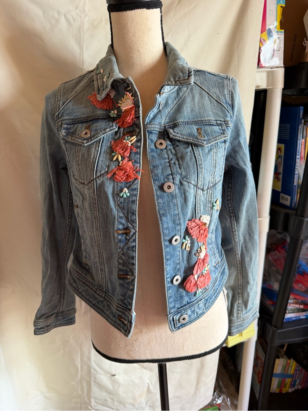 Pilcro Light Blue Denim Jacket with Coral Embroidered Flowers